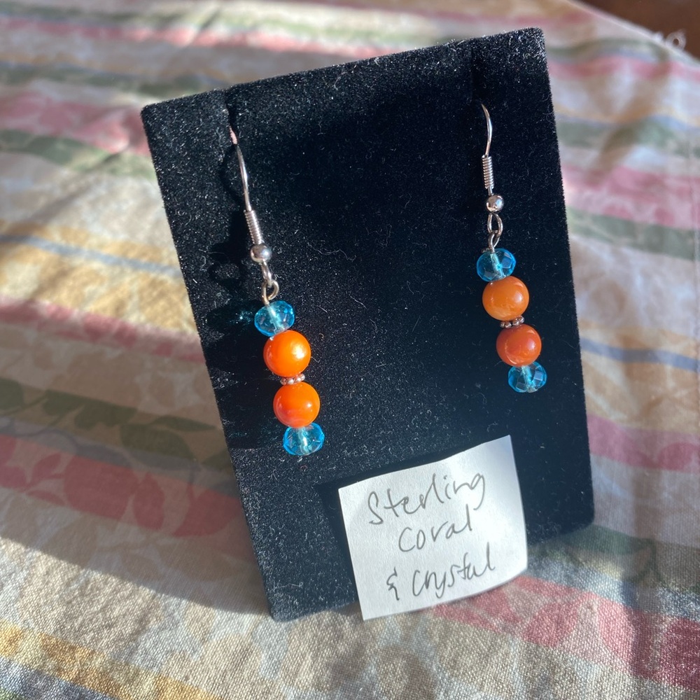 Coral and crystal sterling silver earrings 2” drop coral beads & blue crystal